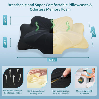DONAMA Contour Cervical Neck Pillow for Neck Pain Relief | Queen,Ergonomic Dual-Height,Odorless Memory Foam,Side/Back/Stomach Sleepers,Cooling Hypoallergenic Cover,OEKO-TEX Certified