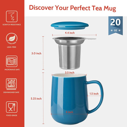Sweese 20 OZ Porcelain Tea Mug with Infuser and Lid, Loose Leaf Tea Cup, Gifts for Tea Lover - Mint Green
