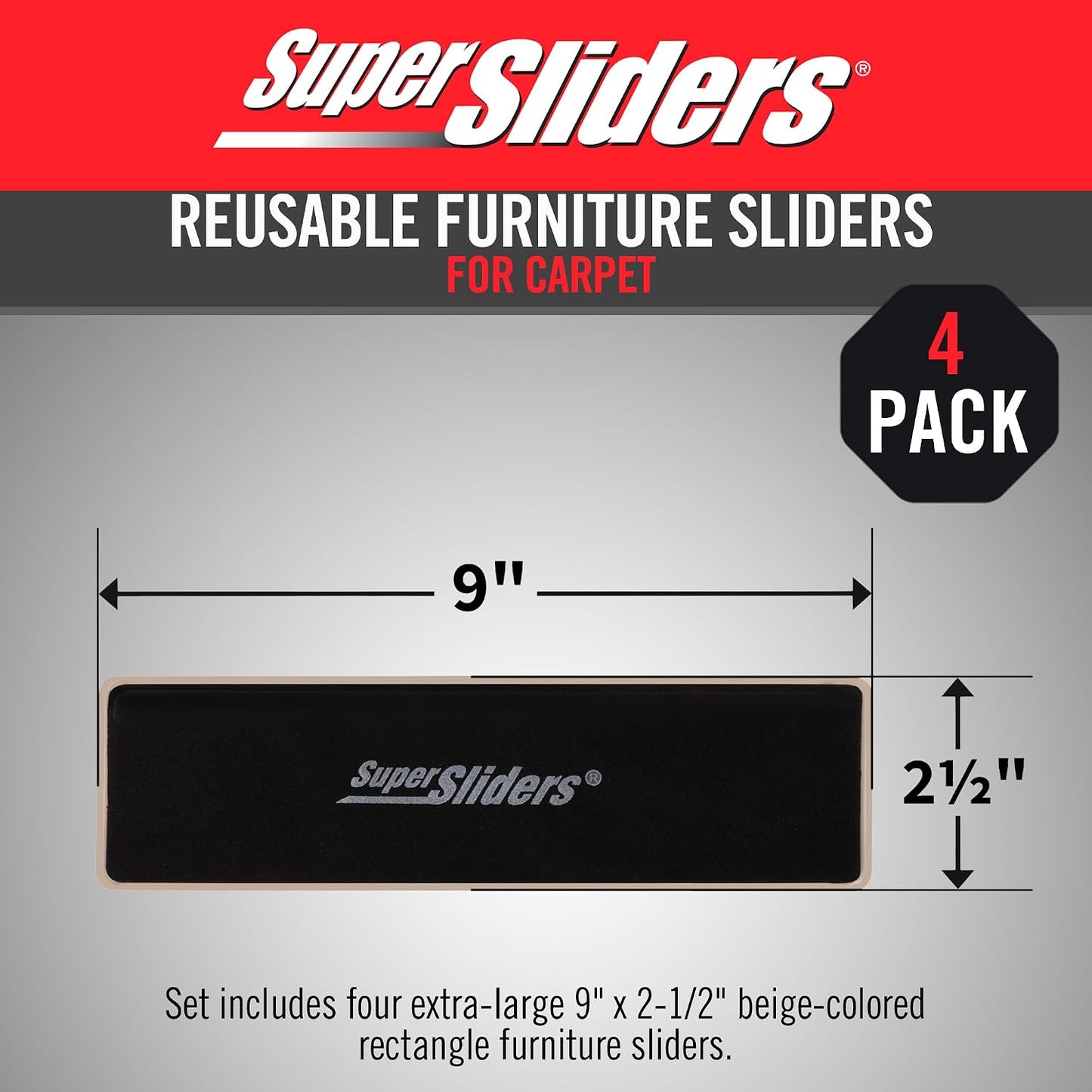 Super Sliders 2-1/2" x 9" XL Rectangle Reusable Furniture Sliders for Carpet, Anti-Slip Protective Furniture Moving Pads for Beds, Sofas, Dressers, Set of 4, Beige