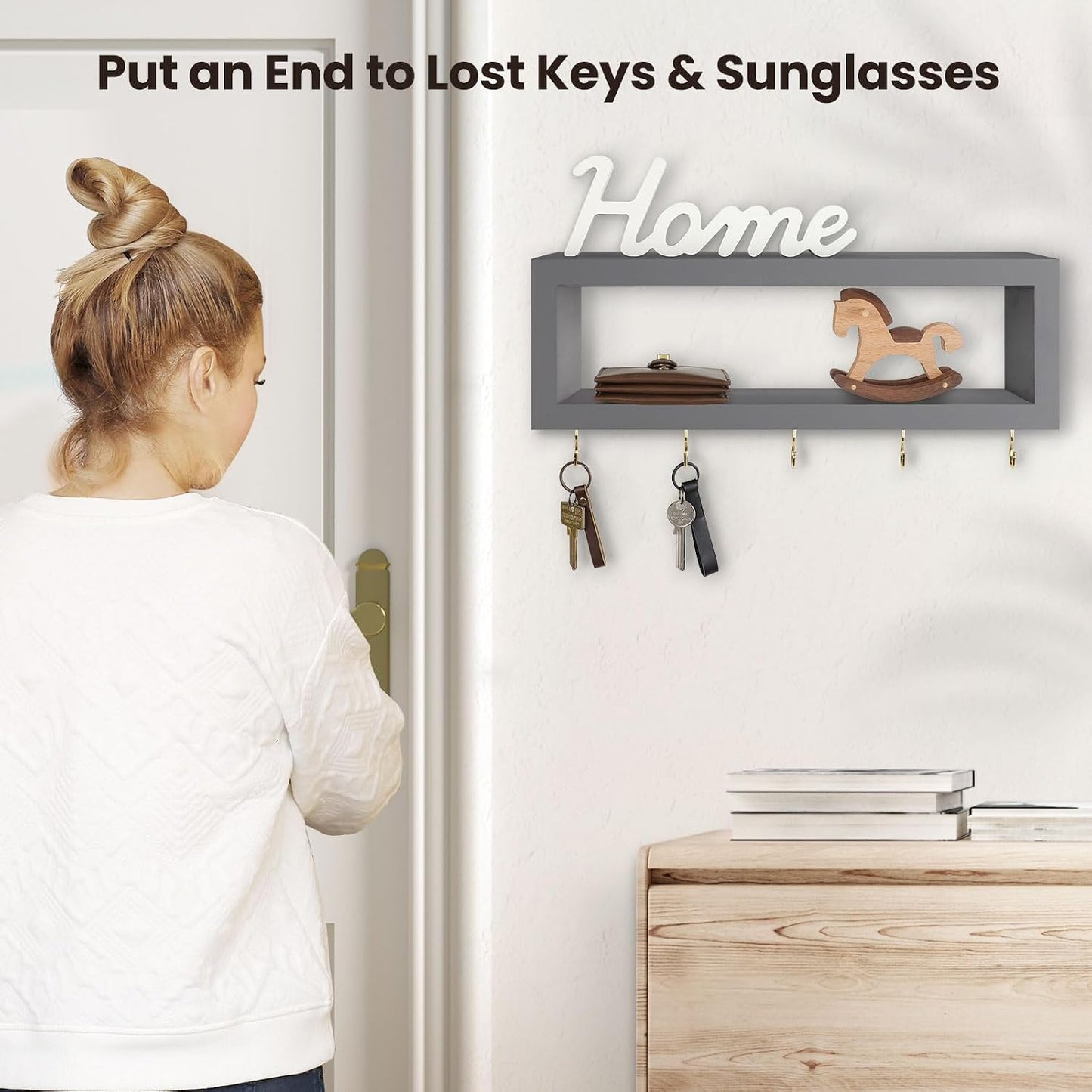 Lwenki Wall Shelf with Hooks - Decorative Key and Wallet Holder for Wall Holds Sunglasses, Leashes, Scarves and Lanyards - 15.7" x 5.1" x 2.9" Entryway Organizer Made of Paulownia Wood (White)