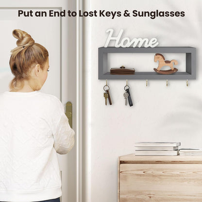 Lwenki Wall Shelf with Hooks - Decorative Key and Wallet Holder for Wall Holds Sunglasses, Leashes, Scarves and Lanyards - 15.7" x 5.1" x 2.9" Entryway Organizer Made of Paulownia Wood (White)