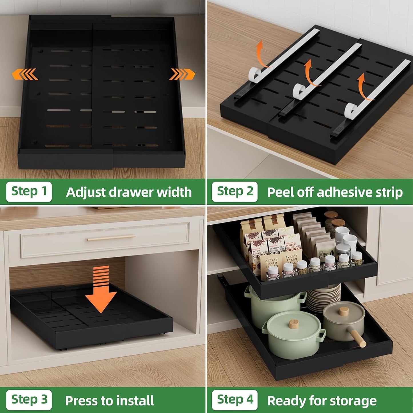 PAKETA 4 Pack Expandable Pull Out Cabinet Organizer,21" Deep | Pull Out Drawers for Cabinets with width from 12" to 20",Sliding Drawers for Cabinets with Upgrade 3 Slide Rails,hold 65 lbs
