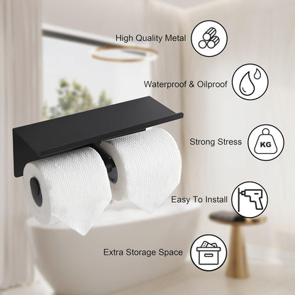 Black Toilet Paper Roll Holder with Shelf Wall Mounted for Bathroom (Black, Double Head)