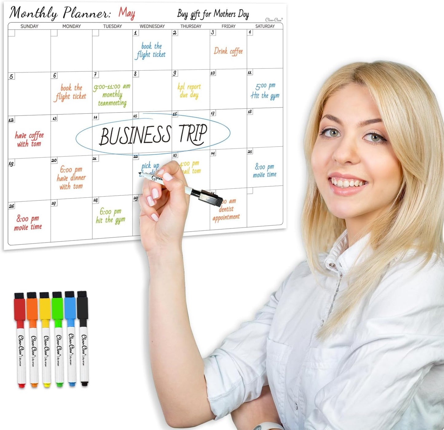 Non-Magnetic Dry Erase Calendar Set for Fridge - Reusable Monthly and Weekly Calendar Sticks to Most Smooth Surfaces - 6 Dry Erase Markers Included - Shipped Flat