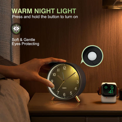 Back to School Silent Analog Quartz Alarm Clock for Kids Bedroom,Night Light, Battery Operated, Fashionable Round Metal