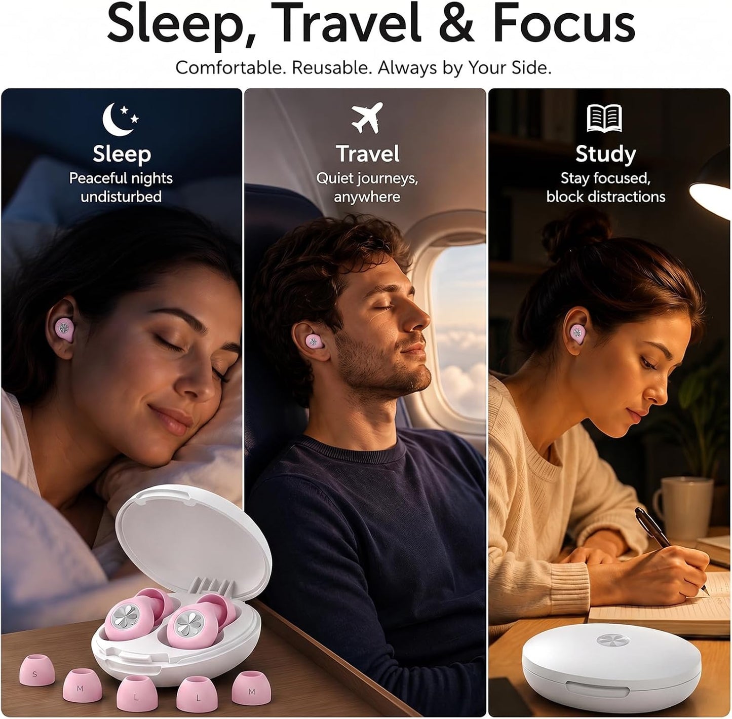 HEKKE 45dB Ear Plugs for Sleeping, Soft Silicone for Side Sleepers, 4 Sizes | Reusable soft silicone with XS/S/M/L sizes for side sleepers, concerts, flights and hotels; carrying case included.