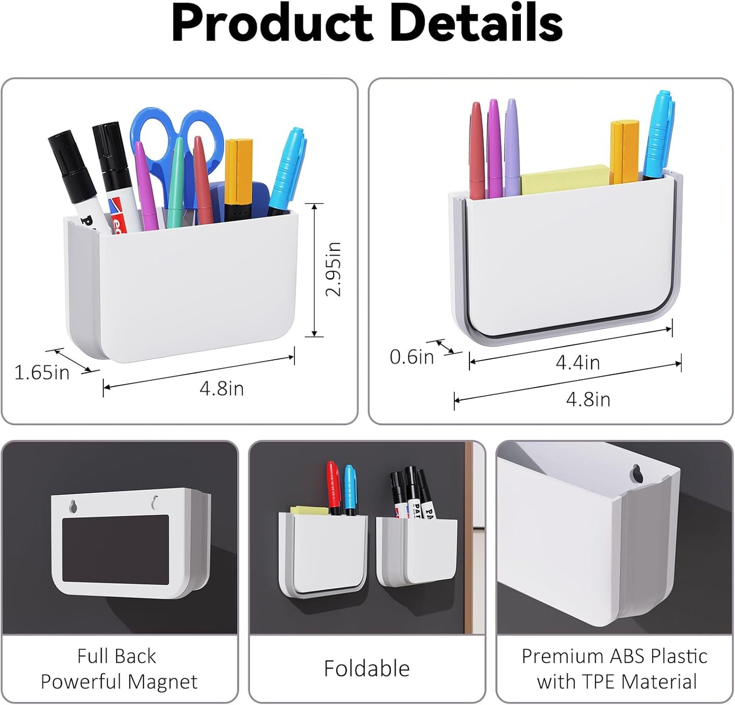 Magnetic Foldable Pen Holder Desk Accessories for Home Office 1 Pack White | Strong Magnet, Space Saving, Dry Erase Marker Pencil Holder for Whiteboard, Locker,Refrigerator, Remote Holder