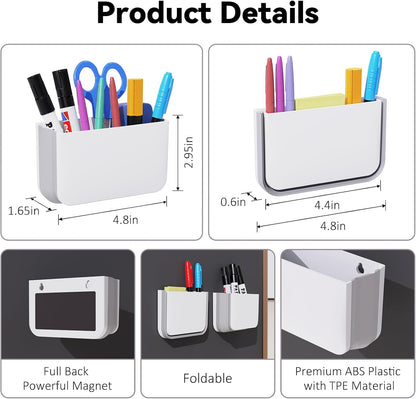 Magnetic Foldable Pen Holder Desk Accessories for Home Office 1 Pack White | Strong Magnet, Space Saving, Dry Erase Marker Pencil Holder for Whiteboard, Locker,Refrigerator, Remote Holder
