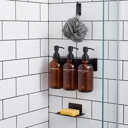 Shampoo Conditioner Body Wash Dispenser Bonus Soap Dish and Hook, Amber | 17 fl oz Set of 3 Amber Plastic Bottles with Black Pumps, Drill Free Adhesive Bathroom Organizer, Dorm Room Essentials