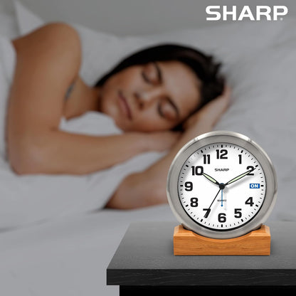 Sharp Silent Sweep Non-Ticking Analog Alarm Desk Metal Clock, Wood Stand | Wall mount, luminous hands, on/off indicator, AA powered, bedroom, office, study, quiet workspace, shelf, nightstand, table