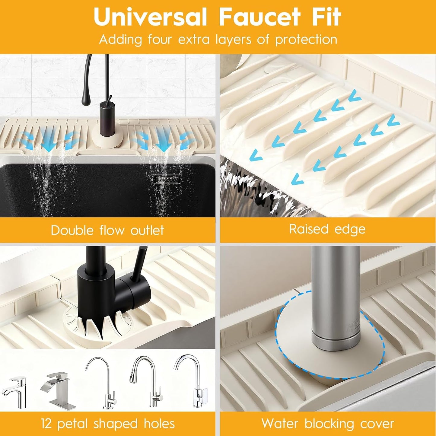 16" Silicone Faucet Mat for Kitchen Sink of The Lastest, Beige | 8° Slope Fast Self-draining, Kitchen Sink Water Splash Guard, Behind Faucet Draining Mat, for Bathroom Kitchen Sink Area