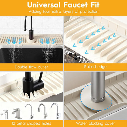16" Silicone Faucet Mat for Kitchen Sink of The Lastest, Beige | 8° Slope Fast Self-draining, Kitchen Sink Water Splash Guard, Behind Faucet Draining Mat, for Bathroom Kitchen Sink Area