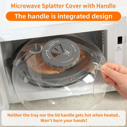 Microwave Splatter Cover Lid for Food 10.2 Inch with Water Steamer, Clear Microwave Splash Guard Cooker Lid with Plate, Dish Bowl Plate Serving Cover Cookware High Transparent Plastic Black