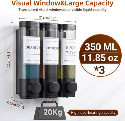 Shampoo and Conditioner Dispenser,Shower Soap Dispenser 3 Chamber No Drill Wall-Mounted Shampoo Dispenser for Shower Wall Mounted Shower Dispenser for Bathroom Hotel Large Capacity,Dark Gray1