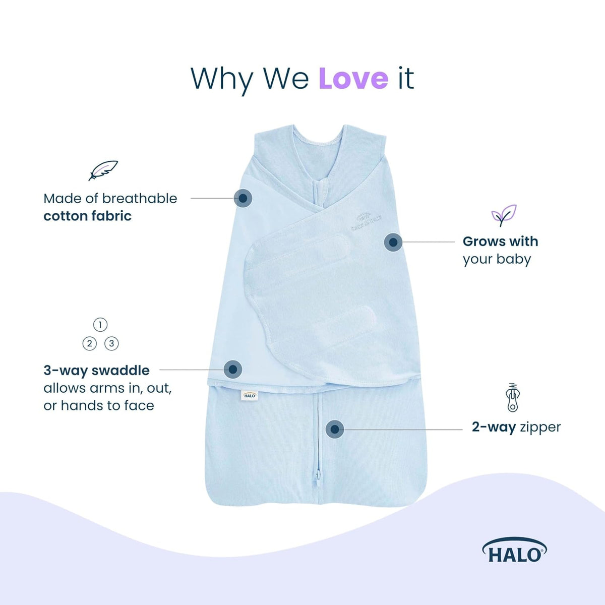 HALO 100% Cotton Sleepsack Swaddle, 3-Way Adjustable Wearable Blanket, TOG 1.5, Birds, Newborn, 0-3 Months - Colors A