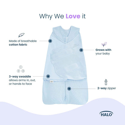 HALO 100% Cotton Sleepsack Swaddle, 3-Way Adjustable Wearable Blanket, TOG 1.5, Birds, Newborn, 0-3 Months - Colors A