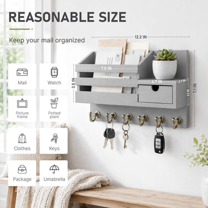 FifthQuarter Key and Mail Holder Wall Mount with Drawer and 6 Sturdy Hooks | Cute Rustic Farmhouse Wooden Key Hanger, Reliable Entryway Organizer for Keys and Daily Essential, Easy Installation, A-White