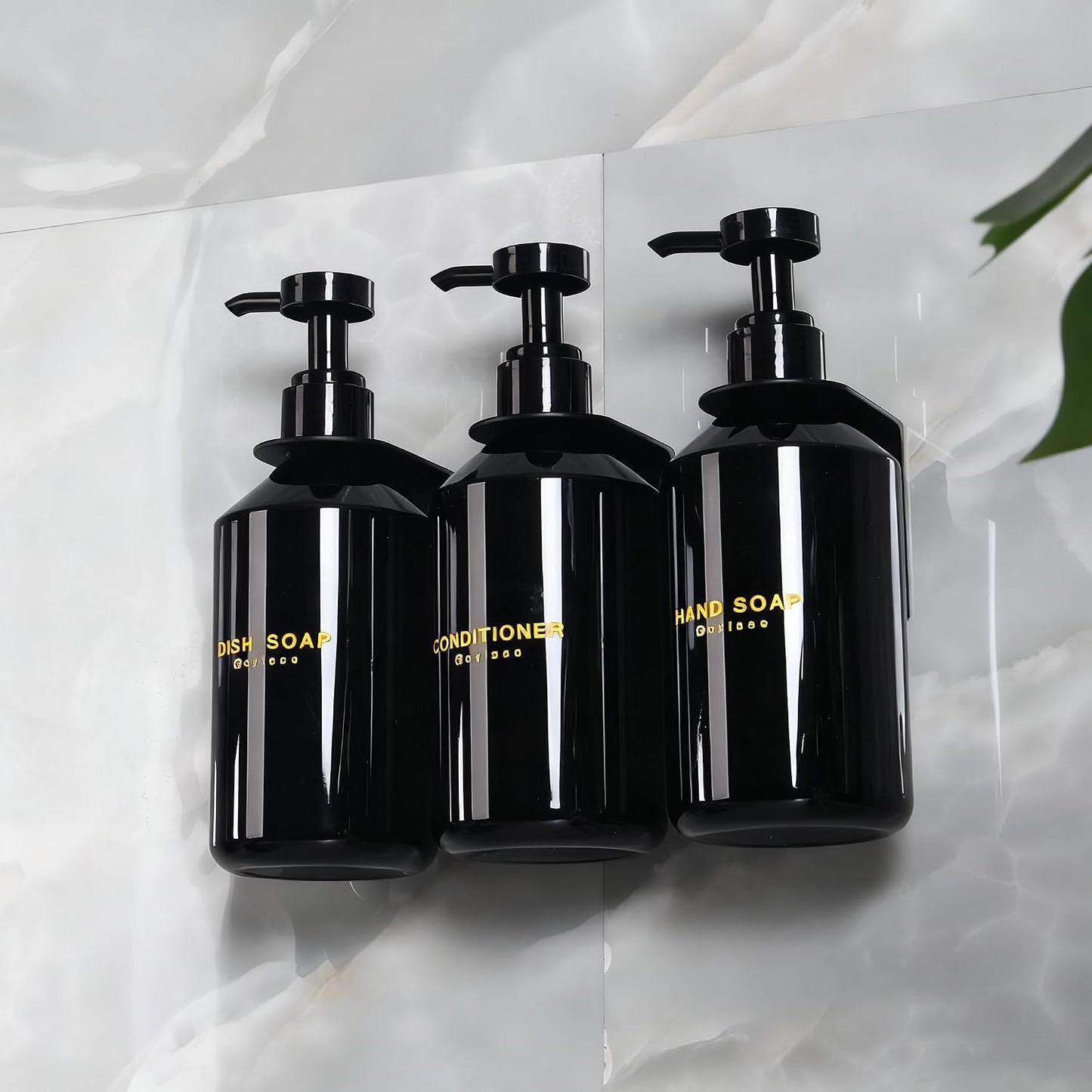 Wall Mounted Shampoo Dispenser for Shower, 3 Chamber 16.9 fl oz Each, 4CC Pump Soap Dispenser for Bathroom, Glossy Black Shampoo and Conditioner Dispenser with Crystal Labels (Brown)