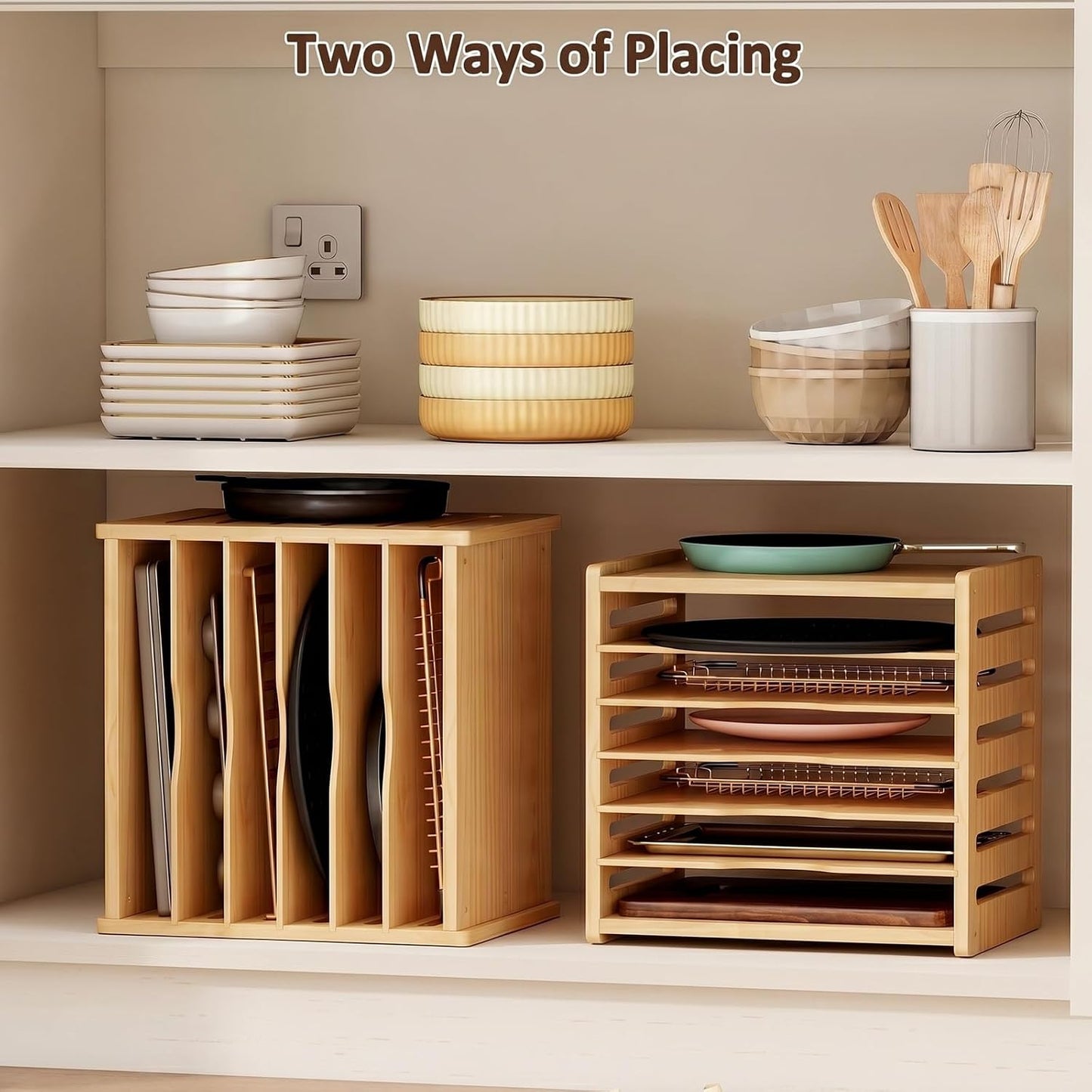 7 Tier Wooden Tray Dividers for Cabinets | Kitchen Vertical Cookie Sheet Organizer, Baking Trays Storage Rack, For Baking Pans, Cutting Board