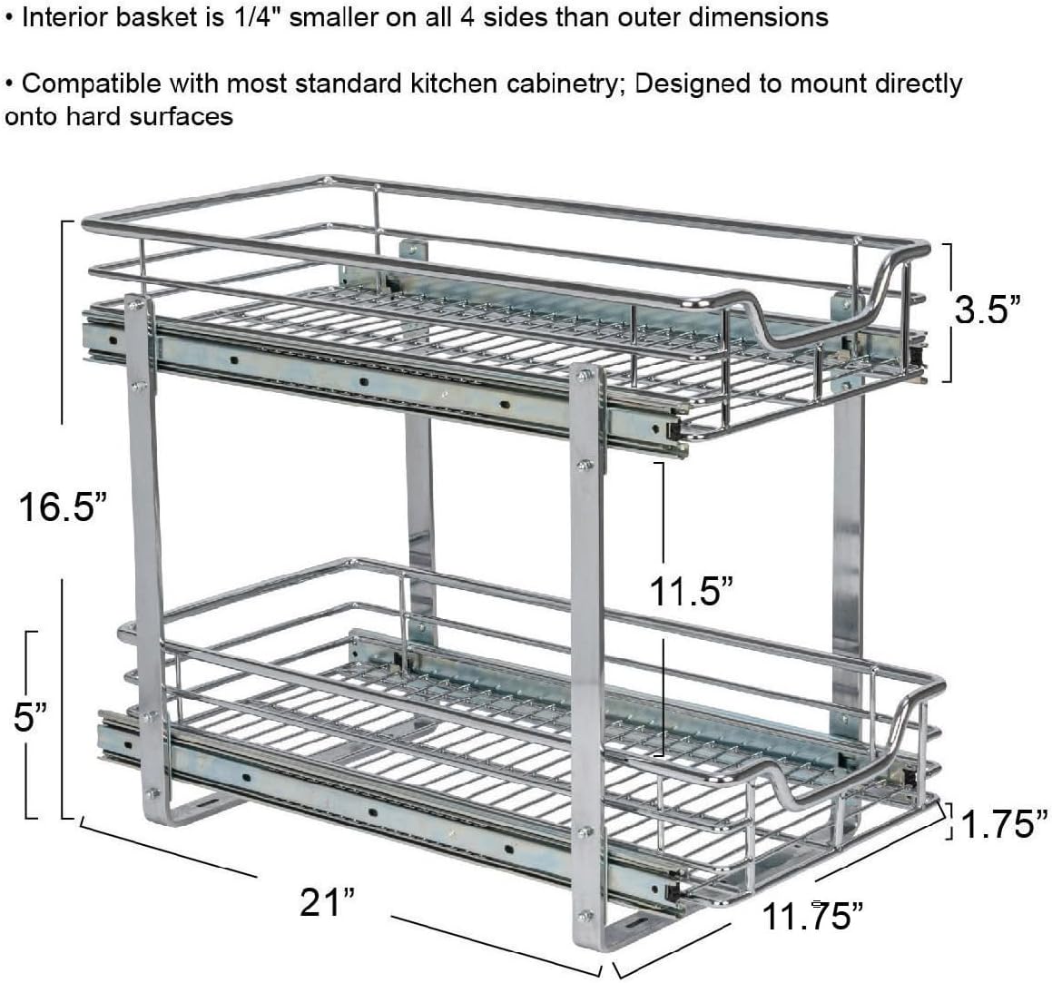 Household Essentials Glidez Multipurpose Chrome-Plated Steel Pull-Out/Slide-Out Storage Organizer for Cookware and Bakeware - 2-Tier Design - Fits Standard Size Cabinet or Shelf, Chrome