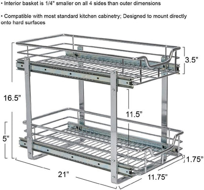 Household Essentials Glidez Multipurpose Chrome-Plated Steel Pull-Out/Slide-Out Storage Organizer for Cookware and Bakeware - 2-Tier Design - Fits Standard Size Cabinet or Shelf, Chrome