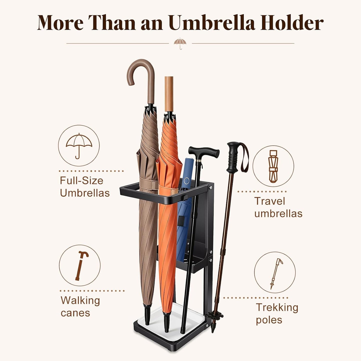 Umbrella Stand for Entryway, Sturdy Metal Umbrella Holder Indoor with Removable Drip Tray, Small Umbrella Rack for Long and Compact Umbrellas, Black Umbrella Storage Stand for Home Office