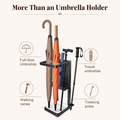Umbrella Stand for Entryway, Sturdy Metal Umbrella Holder Indoor with Removable Drip Tray, Small Umbrella Rack for Long and Compact Umbrellas, Black Umbrella Storage Stand for Home Office