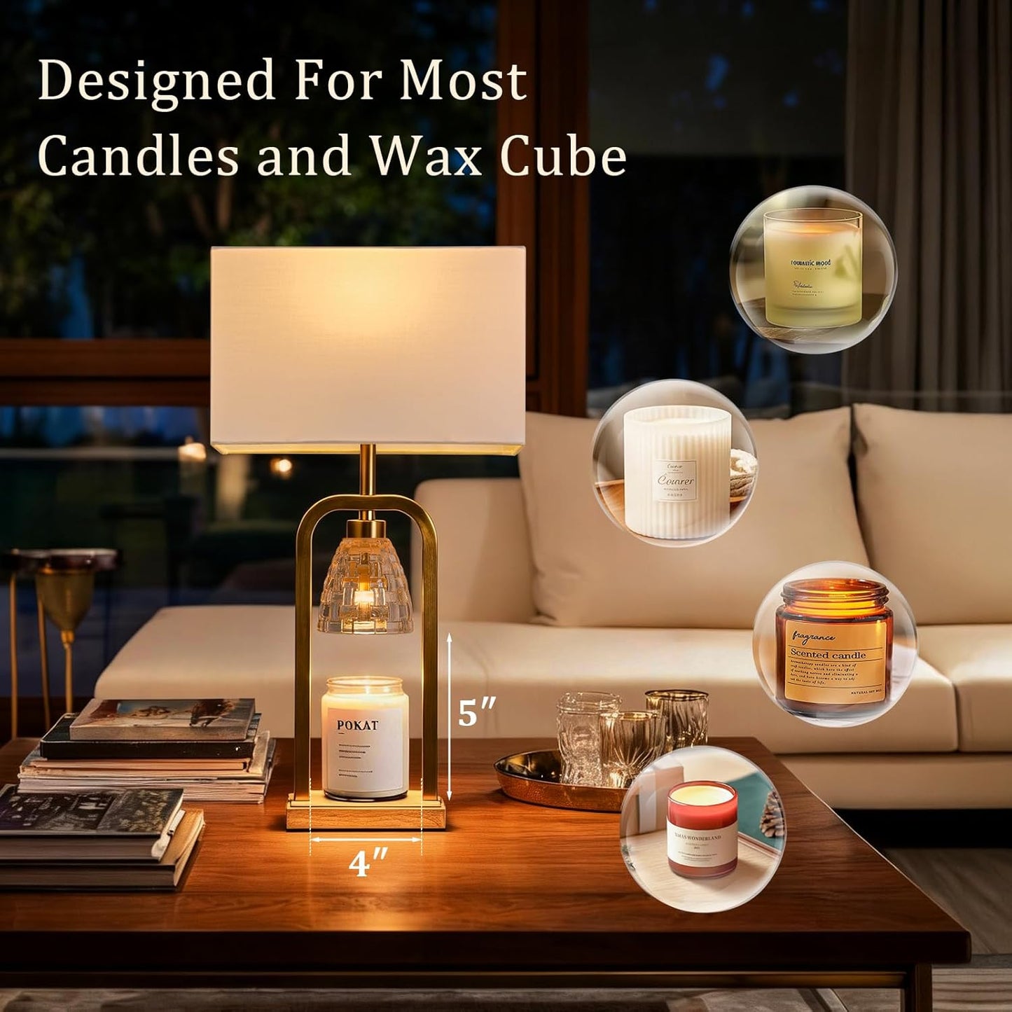 PoKat Gold Table Lamp Candle Warmer, Candle Warmer Lamp with Timer Dimmer, Wax Light Warming Table Lamp for Jar Candles, Modern Bedside Lamp for House Warming Home Decor Living Room, Bulb Included