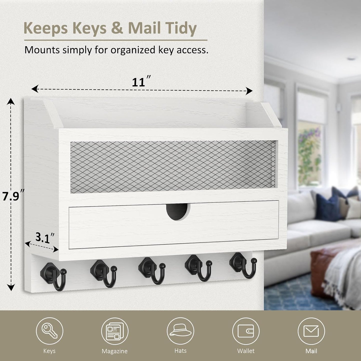 Nekon Key and Mail Holder for Wall, Key Organizer with Drawer, White | 11"W x 7.9"H x 3.1"D Wooden Key Rack with 5 Hooks, Mail Organizer for Home Decor