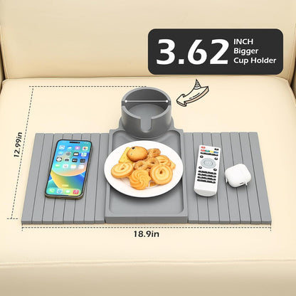 GHKINMAL Couch Cup Holder Tray, 3 in 1 Couch Arm Trays,Large Bamboo Chair Arm Rest Tray with 360° Cup Holder,Removable Anti-Slip Organizer for Snack Eating