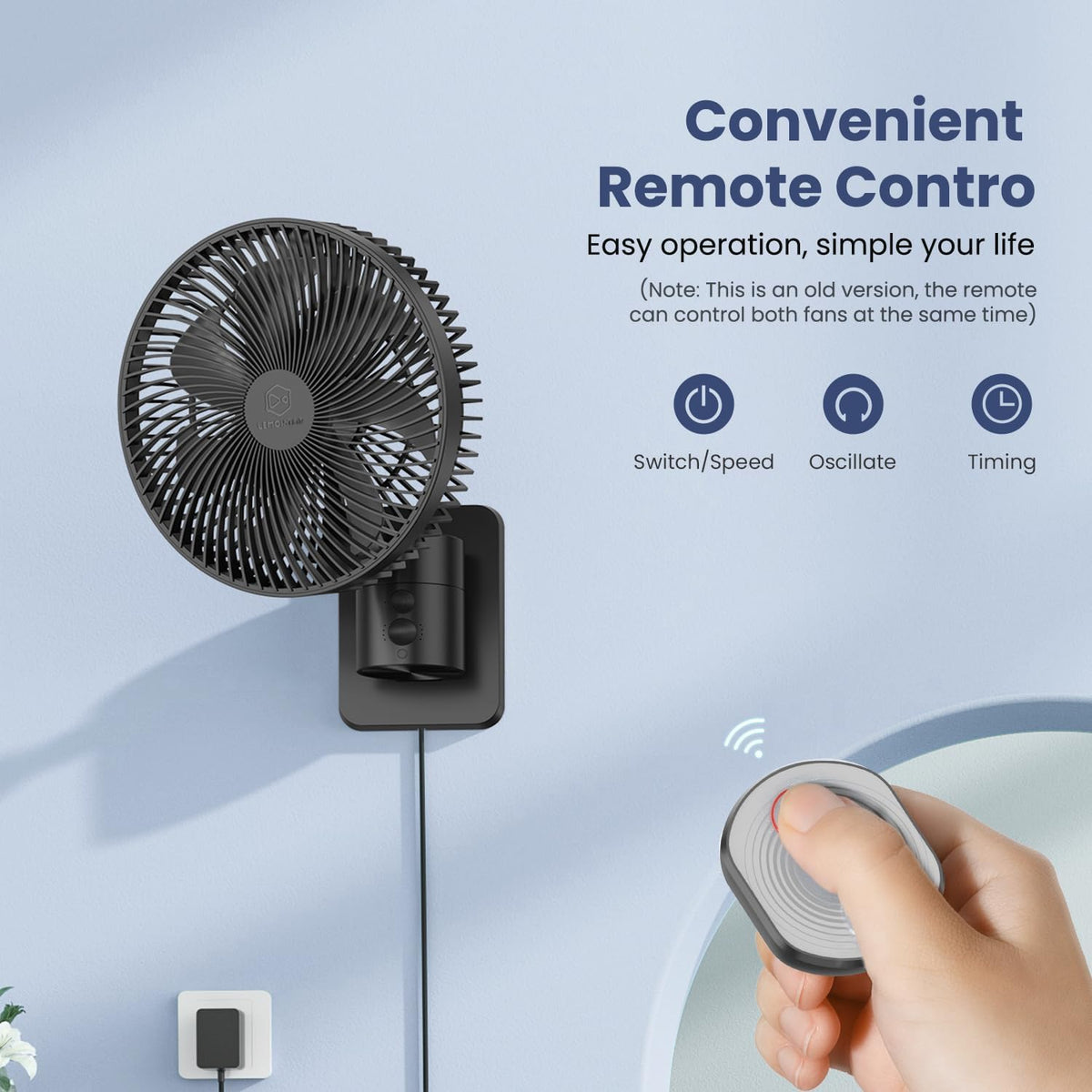 LEMOISTAR 8 Inch Small Wall Mounted RV Fan with Remote Control, 90° Oscillating, 4 Speeds, 4 Timer, Adjustable Tilt, 70 Inch Cord, Quiet, for Corner Bedroom Home Office Garage-Black