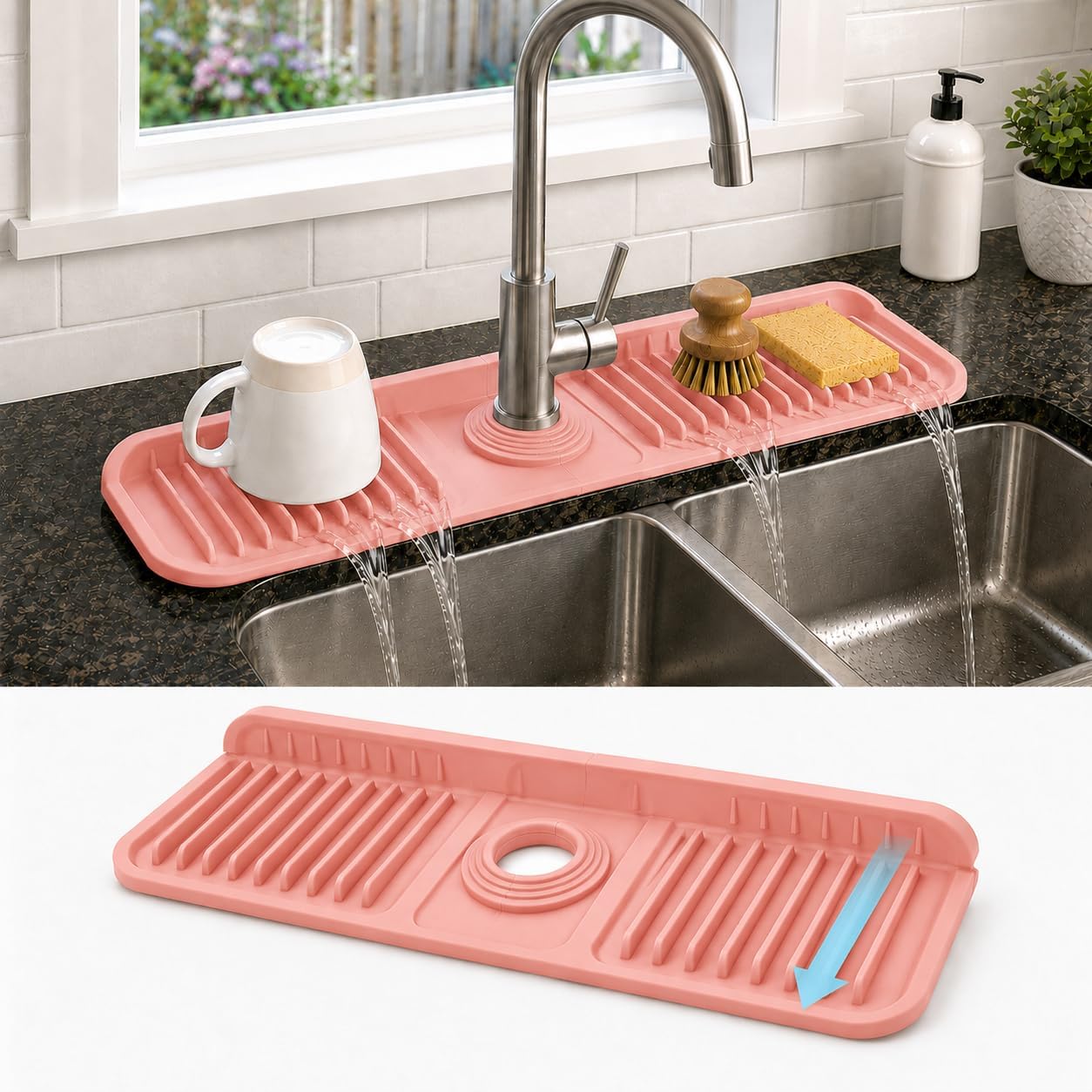23" Extra Long Silicone Faucet Handle Drip Catcher Tray,7° Sloped Self Draining Mat with Snap-on Design & Soap Holder, Trim-to-Fit Opening,Sink Splash Guard for Kitchen & Bathroom(Green)