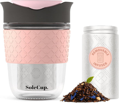Large Travel Mug Loose Tea Infuser - Detachable Tea Strainer with Spill Proof Lid - 18oz/530ml BPA-Free Reusable Glass Travel Coffee Cup with Silicone Band (Ice Cream, 18oz)