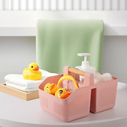 Plastic Shower Caddy Portable Shower Basket with Bamboo Handle, White | Cleaning Caddy Organizer Storage Tote for Bathroom, College Dorm Essentials, Bath Toy Storage