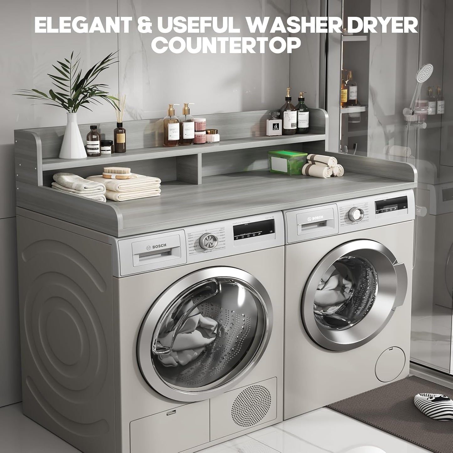 2-Tier Washer and Dryer Countertop with 2.75" H Guard,54" W x 27.5" D Laundry Countertop Cover with Non-Slip Pad,Large Space Laundry Topper for Folding Clothes Over Washer and Dryer-White