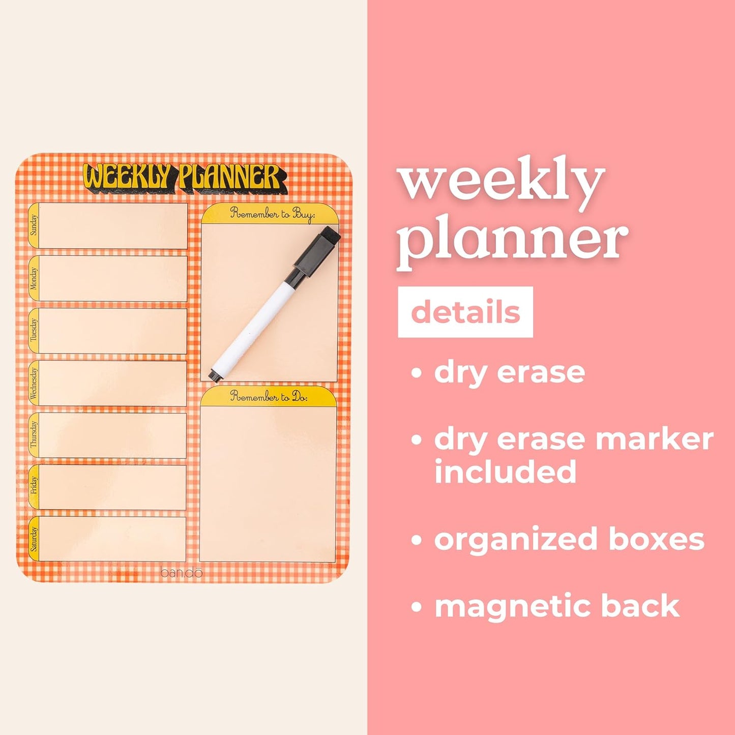 ban.do Dry Erase Board Weekly Planner, Orange Gingham | To-Do List Weekly Planner, Cute Whiteboard Task Manager Undated Calendar for Fridge, Filing Cabinet, Locker