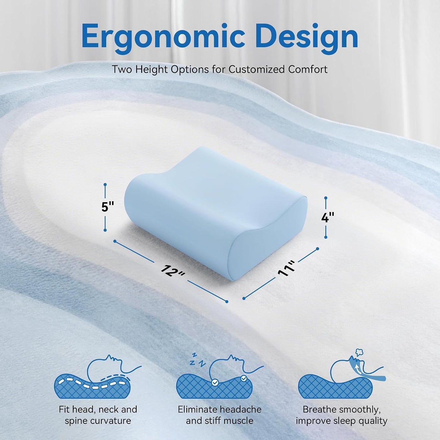 Contour Memory Foam Cervical Pillow for Neck Pain Relief, White | Orthopedic neck support | Standard size | side/back/stomach sleep | cervical alignment | two height choices | washable cover
