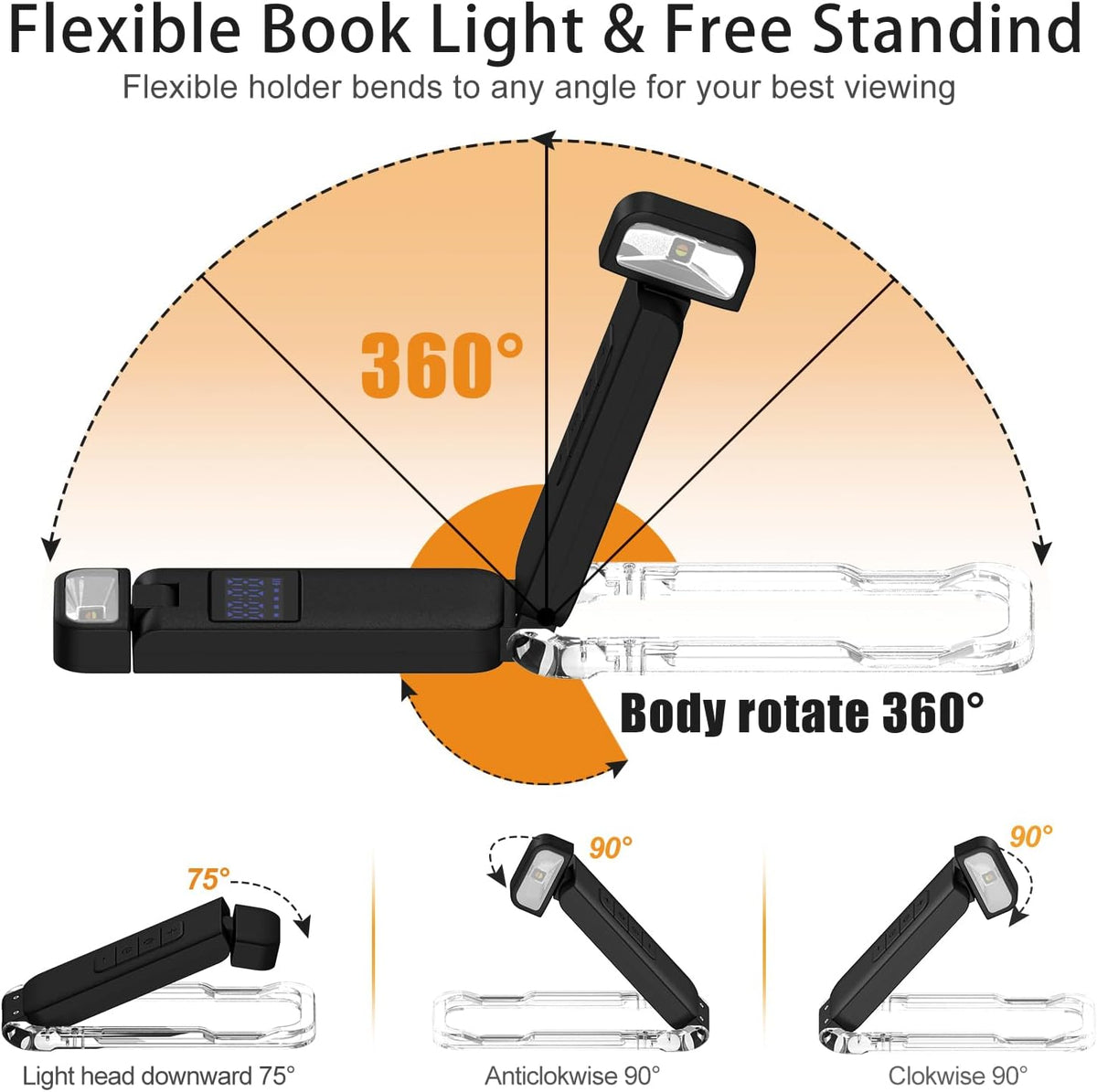 SFV Digital Book Lights for Reading at Night, USB Rechargeable Reading Lights for Books in Bed Clip-on, 3 Colors & 5 Brightness Dimmable, Compact & 80H Long Lasting for Book Lovers, Kids, Violet