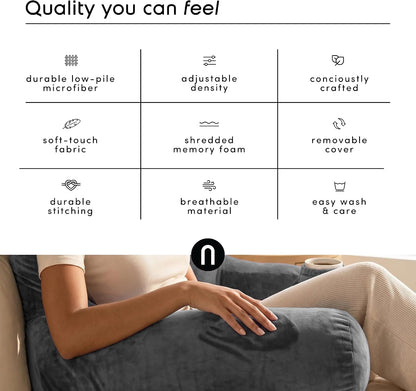 Nestl Reading Pillow with Shredded Memory Foam, Designed for Sitting Up in Bed and Couch, Back and Arms Adjustable Support for Adult & Teens Backrest Pillows for Reading, with Washable Cover Dark Grey