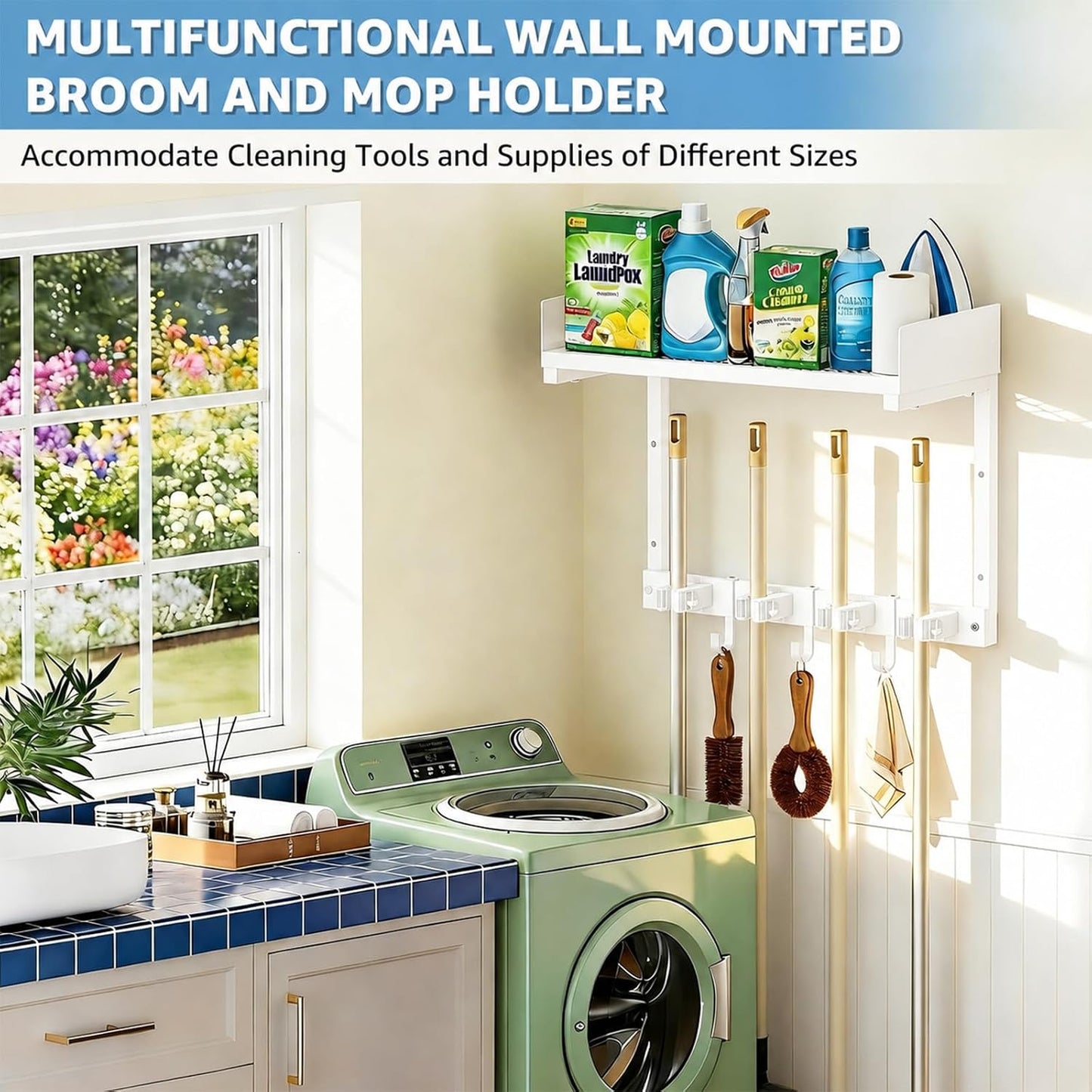 27" Mop and Broom Holder Wall Mount with Top Storage Shelf & Hooks,Black | Mop Hanger Wall Mount, 5 Grippers, 5 Hooks, Wall Organizer For Laundry Room, Garage And Kitchen