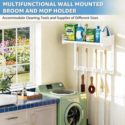 27" Mop and Broom Holder Wall Mount with Top Storage Shelf & Hooks,Black | Mop Hanger Wall Mount, 5 Grippers, 5 Hooks, Wall Organizer For Laundry Room, Garage And Kitchen