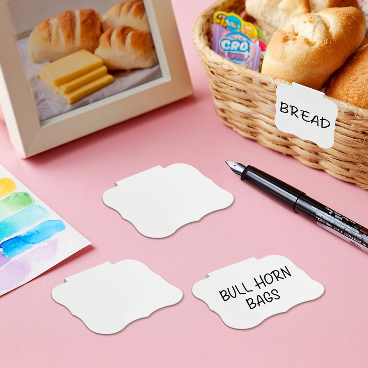 12pcs White Basket Labels Removable PVC Labels | Clip On for Storage Bins, Removable PVC Labels for Baskets with Holders, 3.5x2.7 Inches