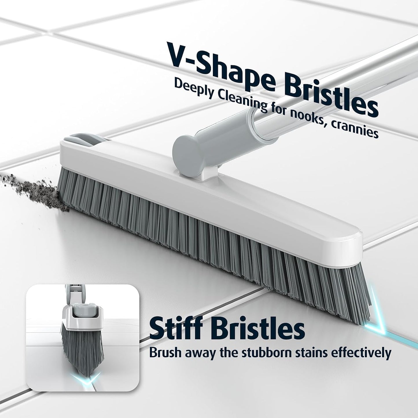 AIR U+ Heavy Duty Grout Scrub Brush with Long Handle & Hair Clip | 180° Swivel Scrub Brush V-Shape Grout Line Scrubber Stiff Bristles for Deep Cleaning Crevice, Tile Line, Corners