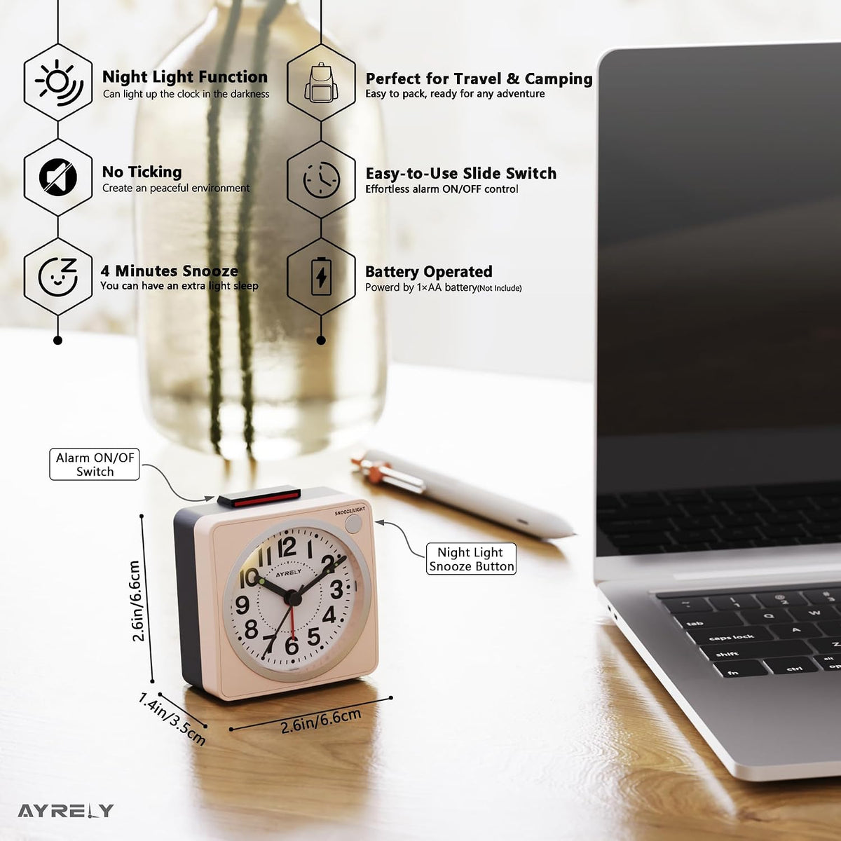 AYRELY® 2.6" × 1.4" Ultra Small Battery Operated Analog Travel Alarm Clock