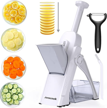 Jonscook All-in-1 Safe Mandoline Slicer for Kitchen, Vegetable Slicer with Container, Adjustable Veggie Mandoline, French Fry Cutter, Potato/Tomato/Onion Slicer, Grater/Cleaning Brush (Black Knight)