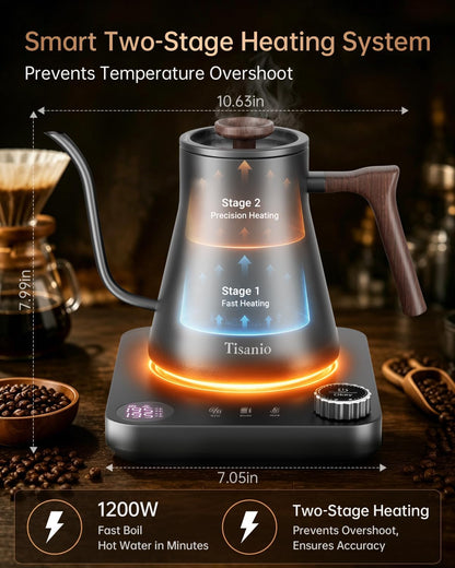 Gooseneck Electric Kettle with Temperature Control, 0.9L, Black | ±1°F Precision Pour Over Kettle, LCD Dual Display, Smart Two-Stage Heating, 2H Keep Warm, 304 Stainless Steel Interior