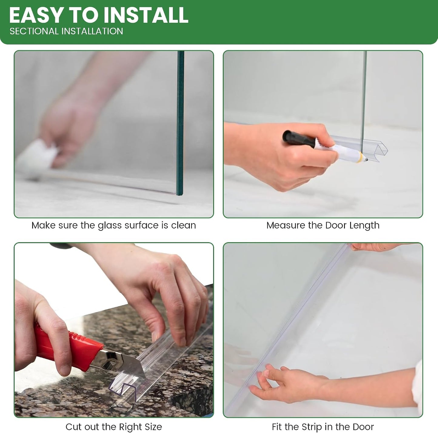 Bathroom Shower Glass Door Bottom Seal Strips, Length 36 Inch 2PCS Transparent PVC Door Bottom Seall Strips for 3/8" (10MM) Thick Framless Glass Panel