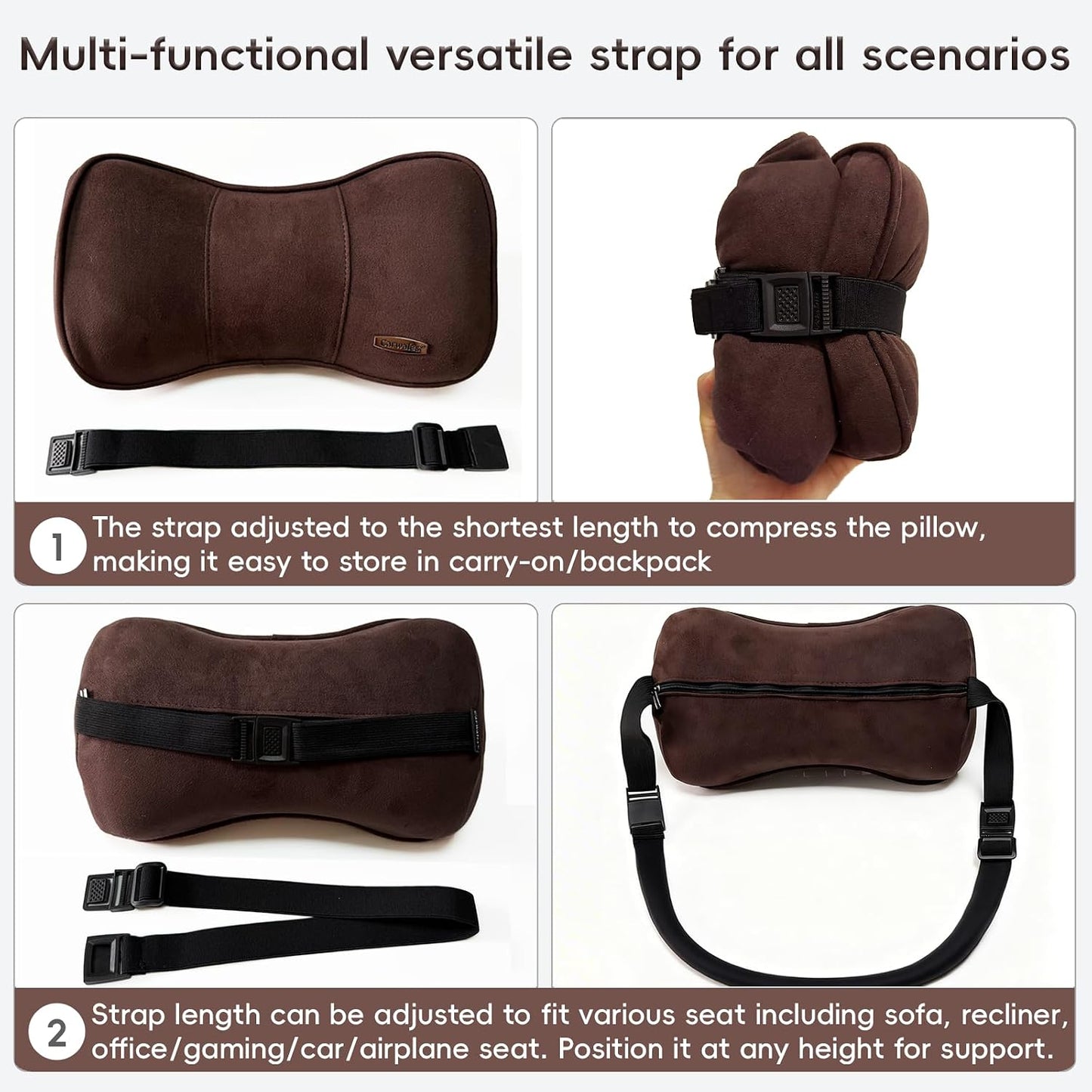 Memory Foam Neck Support Pillow for Recliner Car Headrest Pillow Tan | Couch Office Chair Head Cushion with Extension Adjustable Strap, Lower Back Lumbar Pain Relief, Ergonomic Design