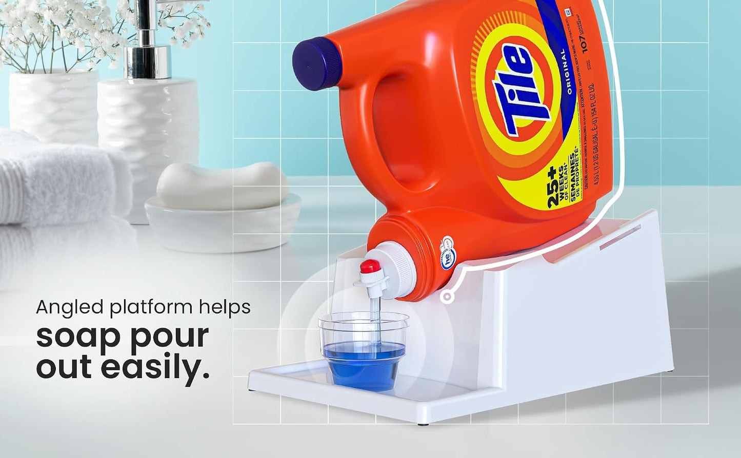 Liquid Laundry Detergent Holder Stand with Drip Tray - 1 Pack - White | Easy Pouring, Rubber Feet, Secure Strap, Angled Stand, Fabric Softener Dispenser for Laundry Room Organization & Storage
