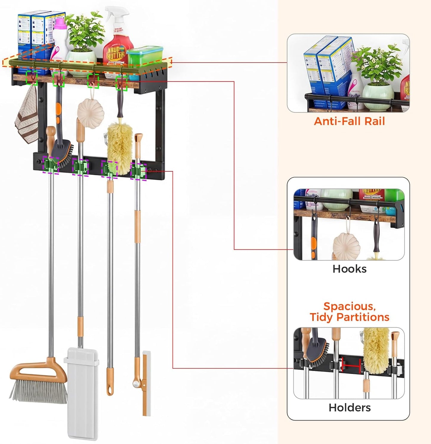 Broom Holder Wall Mount with Shelf, Black, L | 3 in 1 Broom and Mop Organizer, Wall Hanging, For Laundry, Garage, Utility, Vacuum Stand Alternative